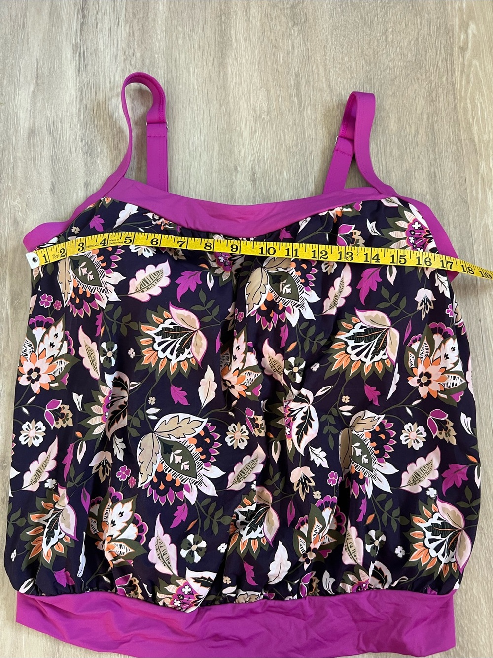 LANDS END Floral Black Tan Pink Swim Tankini Magenta Trim Built In Bra 18W - Picture 3 of 8